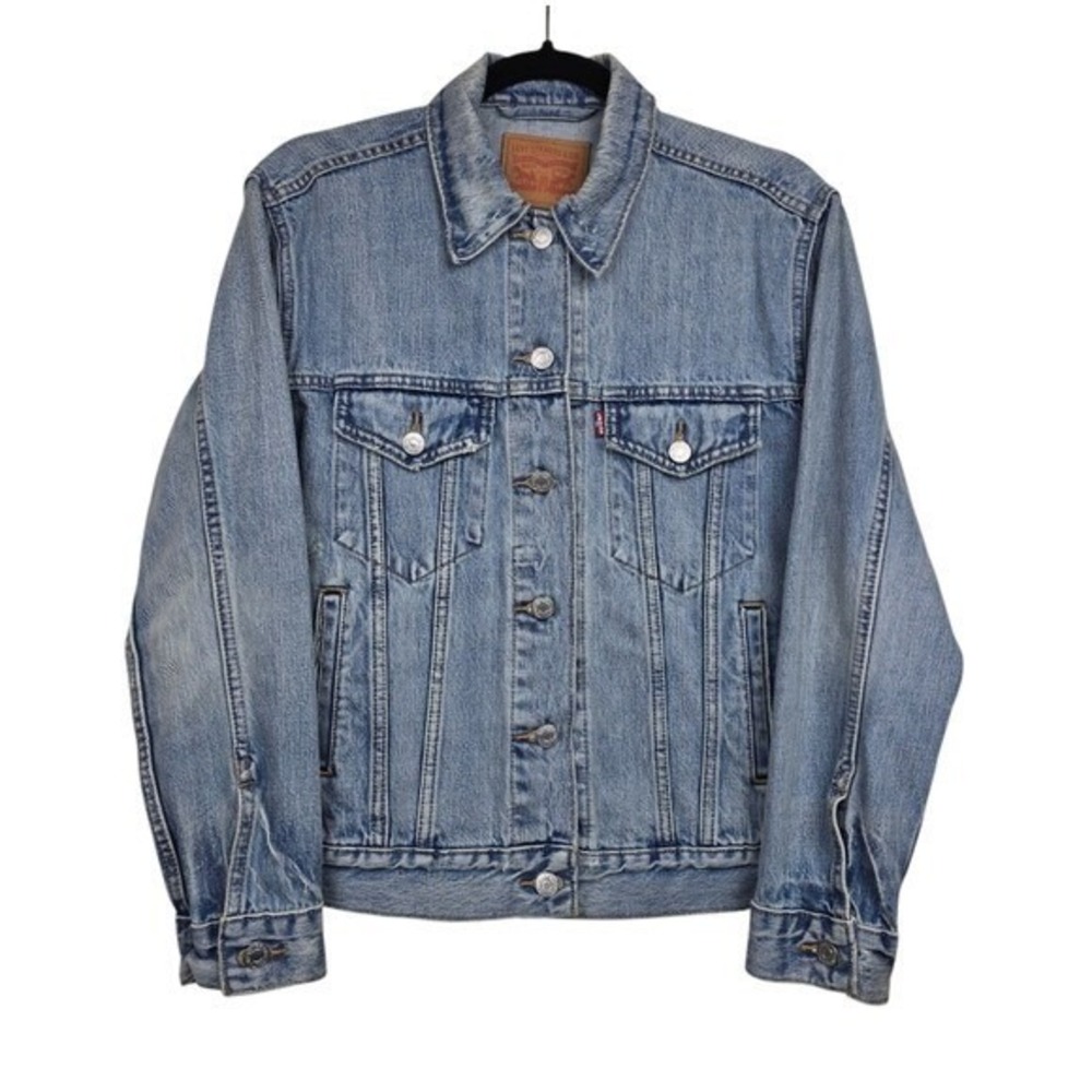 Levi's Womens Distressed Blue Wash Denim Ex-boyfriend Trucker Jean Jacket Size S